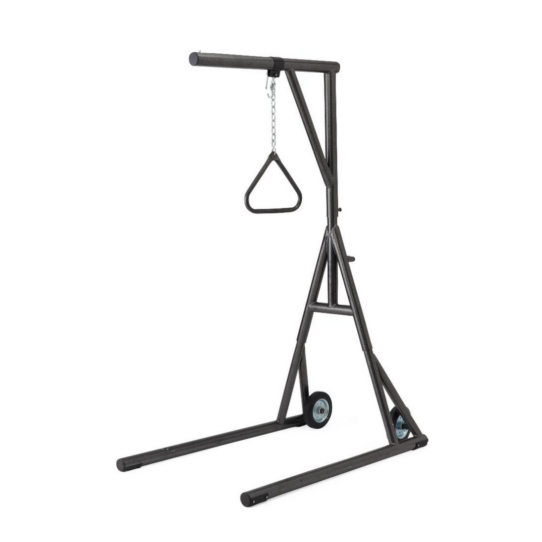 The Medline Freestanding Bariatric Trapeze with Wheels is a black metal stand with a top horizontal bar and a triangular handle on a chain, designed for heavy-duty support and commonly used to assist patients or support equipment.